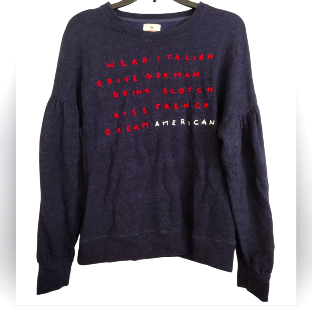 Sundry Navy Blue Sweater With Red White Embroidery Blouson Sleeves Size XS